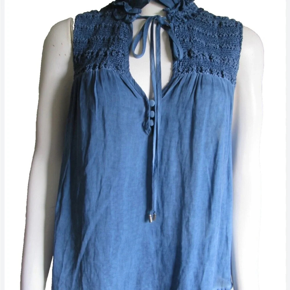 FREE PEOPLE Women's Sm Ruffle Me Up Smocked Tie Tank Drawstring Sleeveless Blue